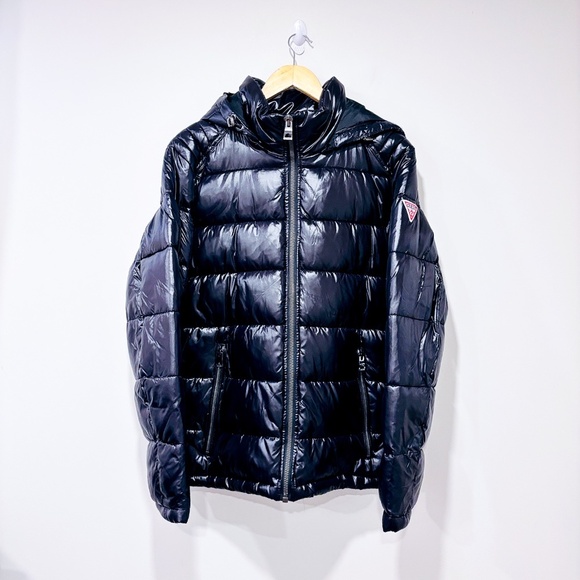 GUESS Black Shiny Hooded Puffer Coat - Picture 3 of 9